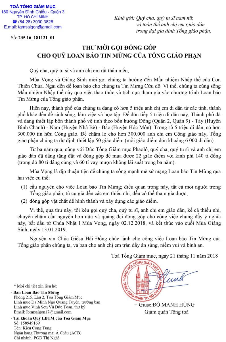 thu moi goi dong gop cho quy loan bao tin mung cua tong giao phan - Thư mời gọi đóng góp cho Quỹ Loan báo Tin Mừng của Tổng Giáo phận