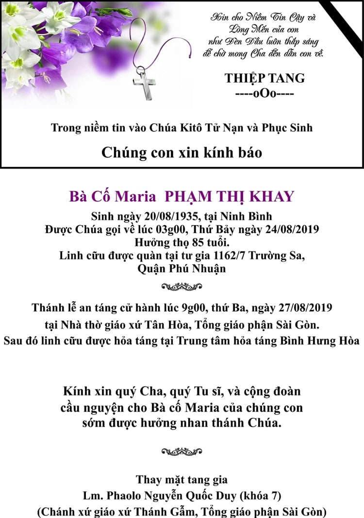 1 thiep tang ba co pham thi khay 1 1 - Cáo phó: Thân mẫu của Linh mục Phaolô Nguyễn Quốc Duy qua đời