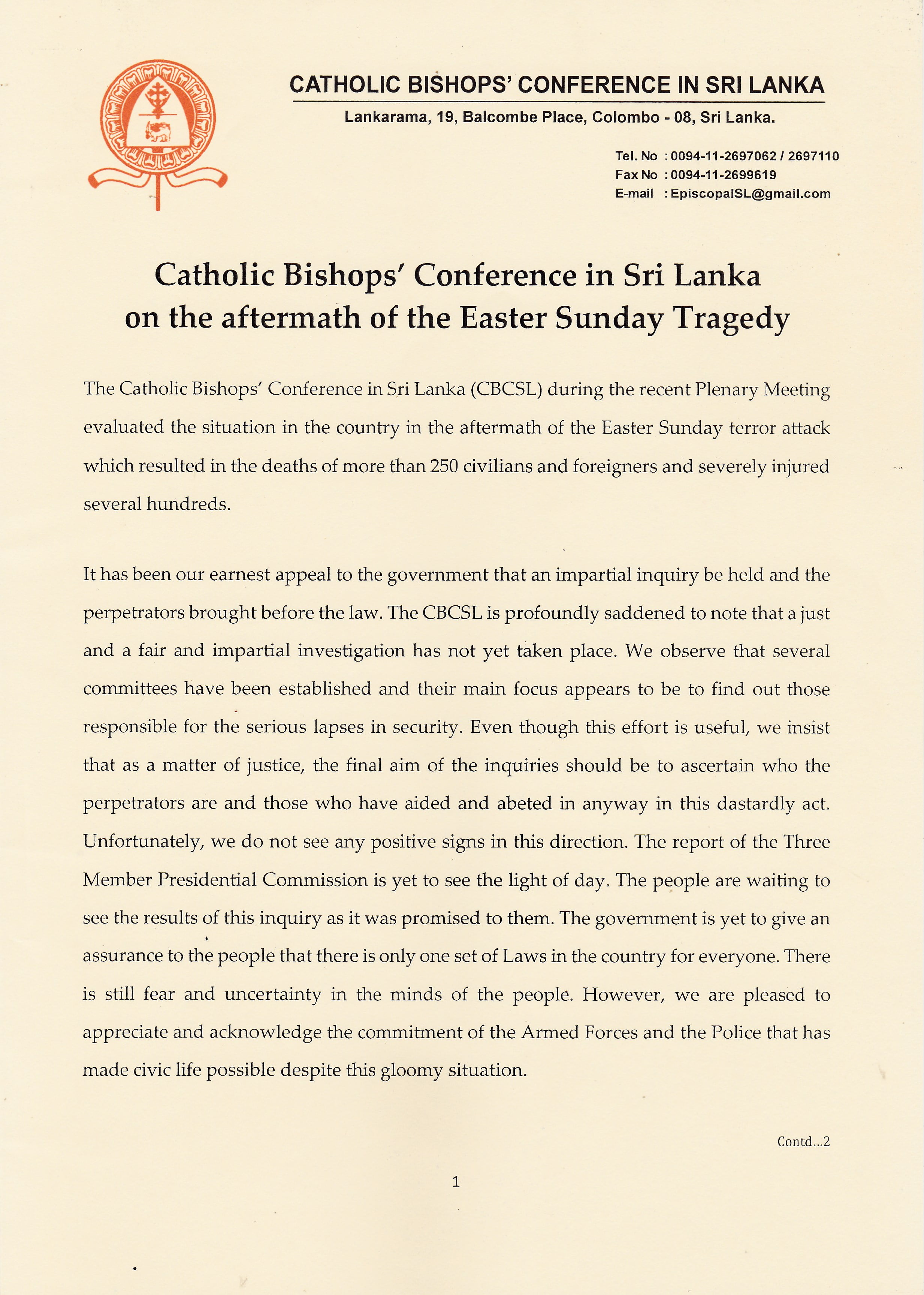 on the aftermath of the easter sunday tragedy english p 1 - Thư kêu gọi của Hội Đồng Giám Mục Sri Lanka Sau Hậu Quả Cuộc Khủng Bố Trong Ngày Chúa Nhật Phục Sinh