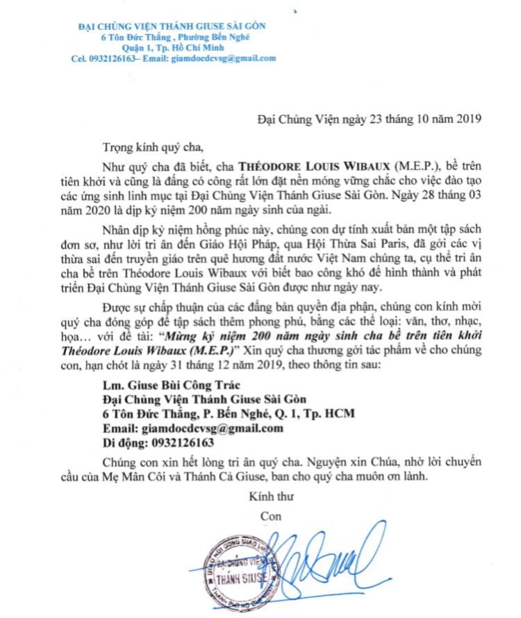 dai chung vien thanh giuse sai gon 750x890 - ĐCV Thánh Giuse SG: Thư mời đóng góp tập sách "Mừng 200 năm ngày sinh cha bề trên tên khởi Théodore Louis Wibaux"