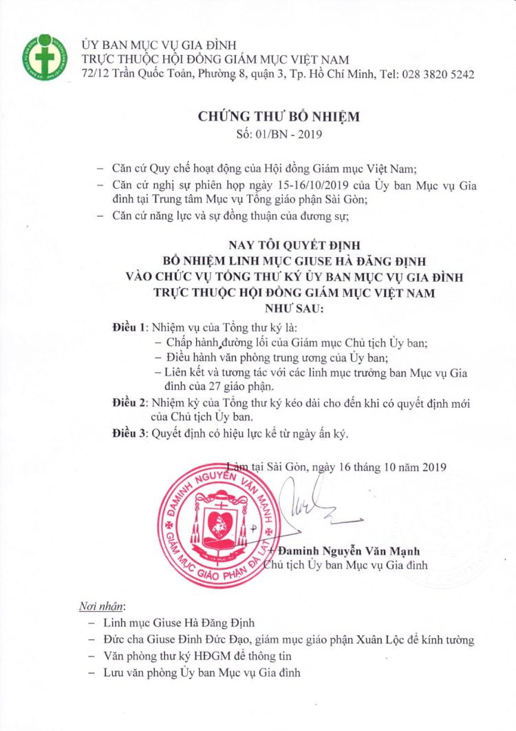 thu bo nhiem tong thu ky uy ban muc vu gia dinh1 750x1061 - Tân Thư ký Ủy ban Mục vụ Gia đình trực thuộc Hội đồng Giám mục Việt Nam